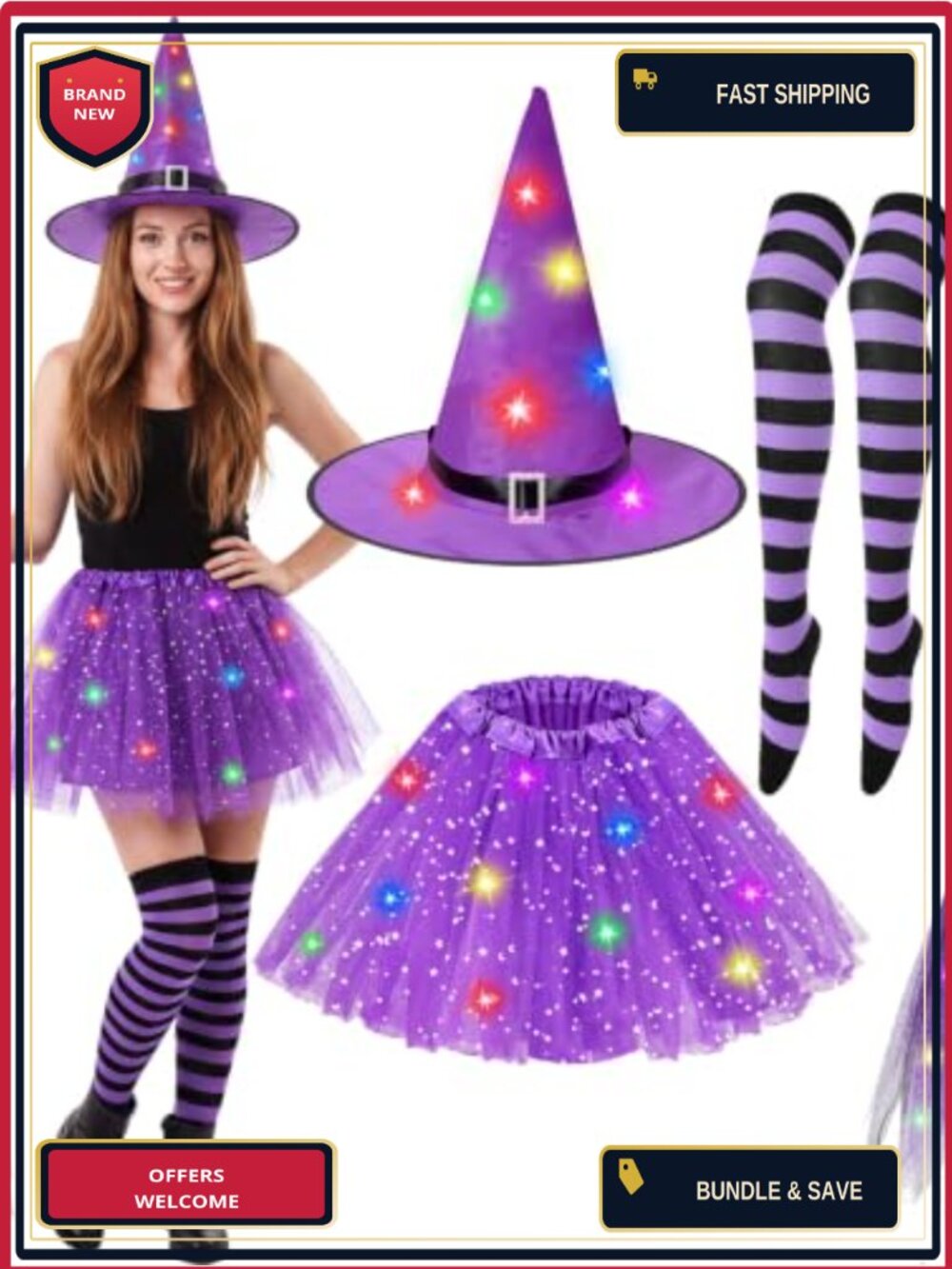 Womens Witch Costume 4 Pc Tutu Outfit with Hat Broom Socks Halloween